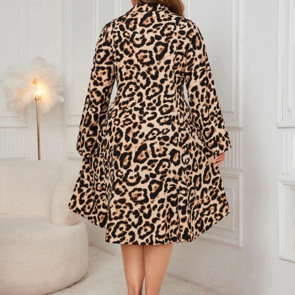 Leopard Print Button Front High Low Hem Casual Long Sleeve Collared Line Dress - Picture 2 of 6